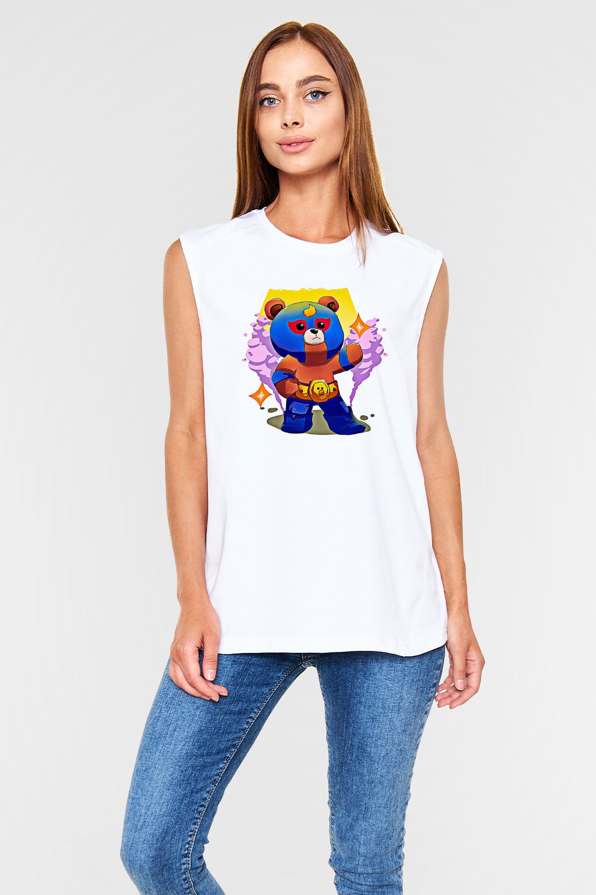 Brawl Stars Baskılı Beyaz Unisex Kolsuz Tişört - Tshirt
