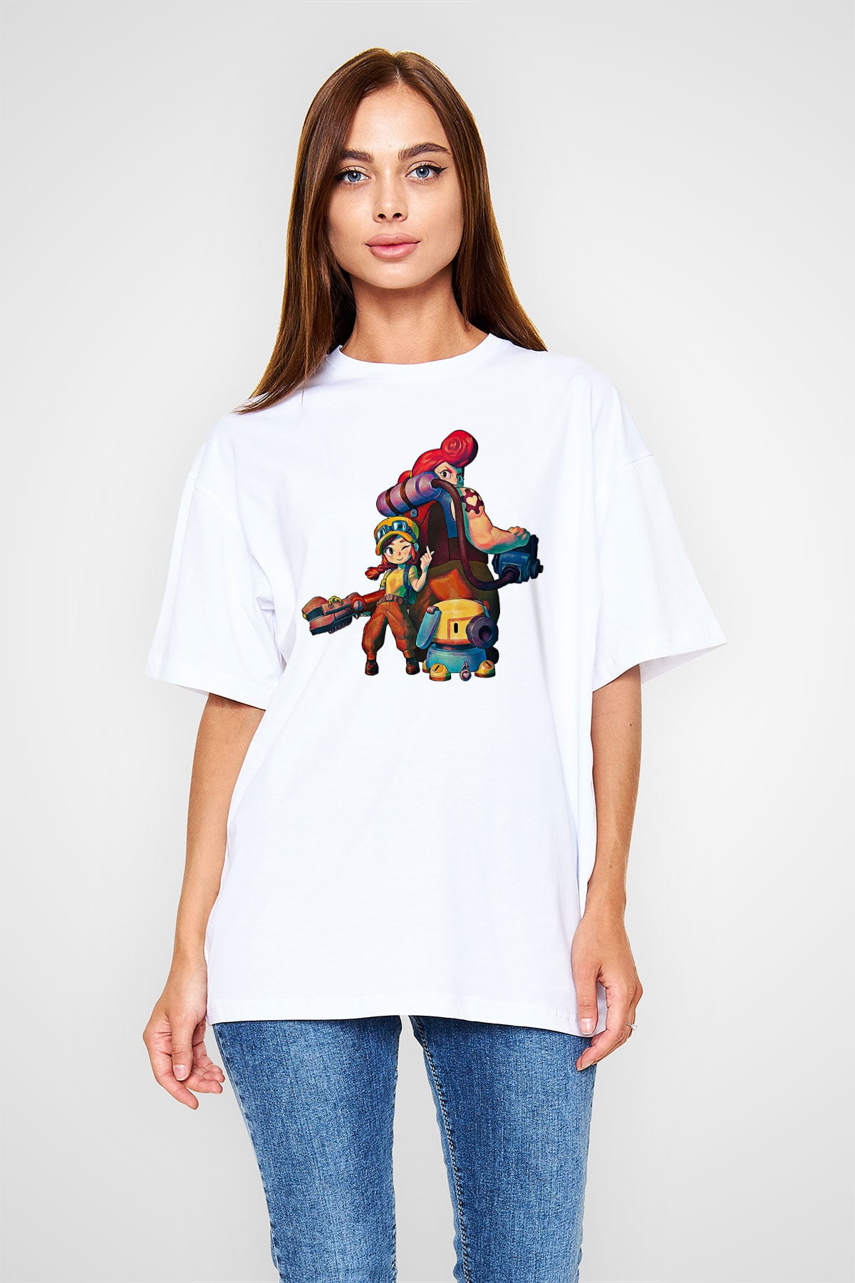 Brawl Stars Baskılı Beyaz Unisex Oversize Tişört - Tshirt