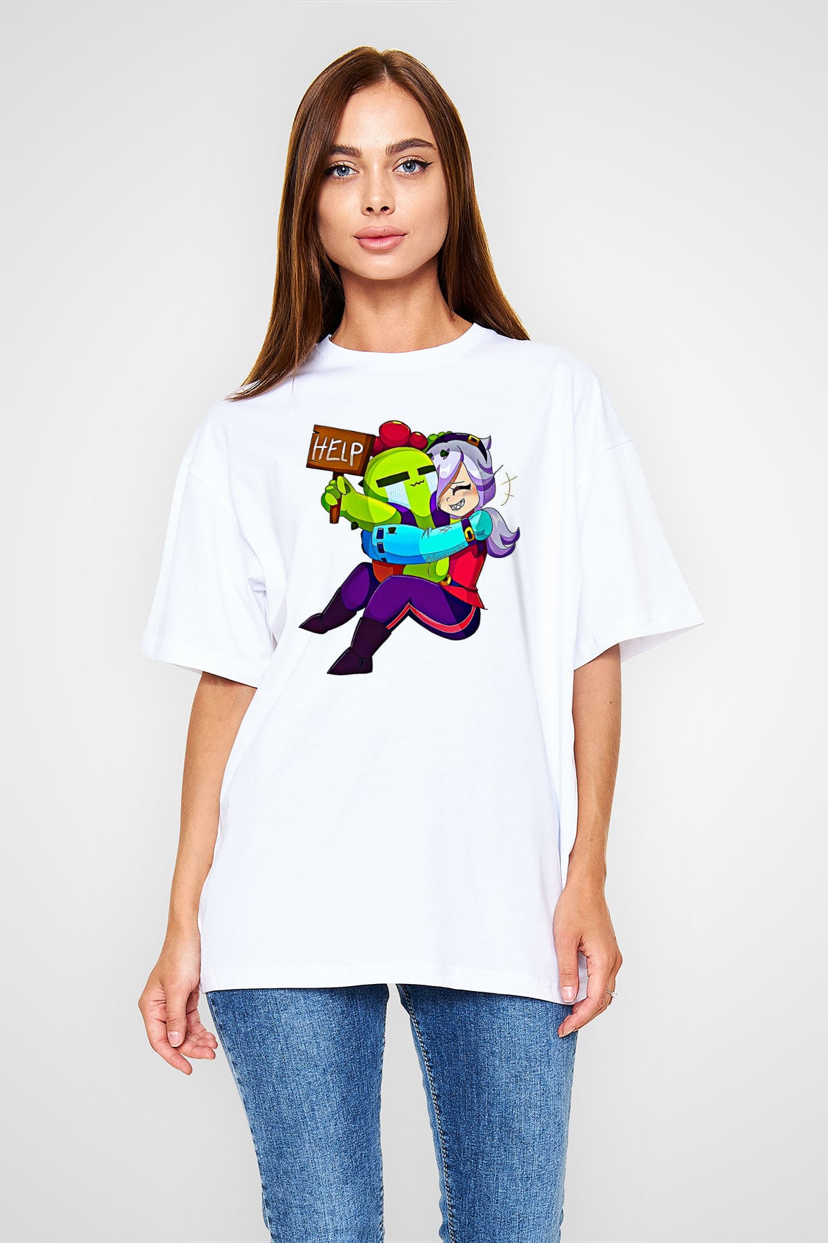 Brawl Stars Baskılı Beyaz Unisex Oversize Tişört - Tshirt