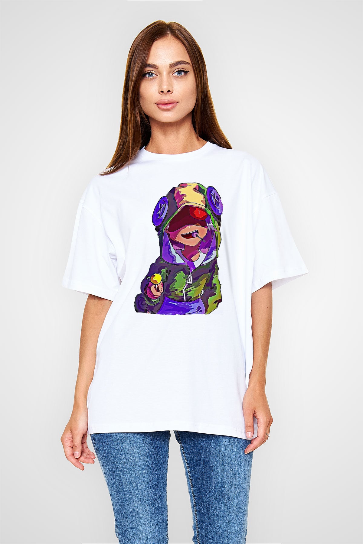 Brawl Stars Baskılı Beyaz Unisex Oversize Tişört - Tshirt