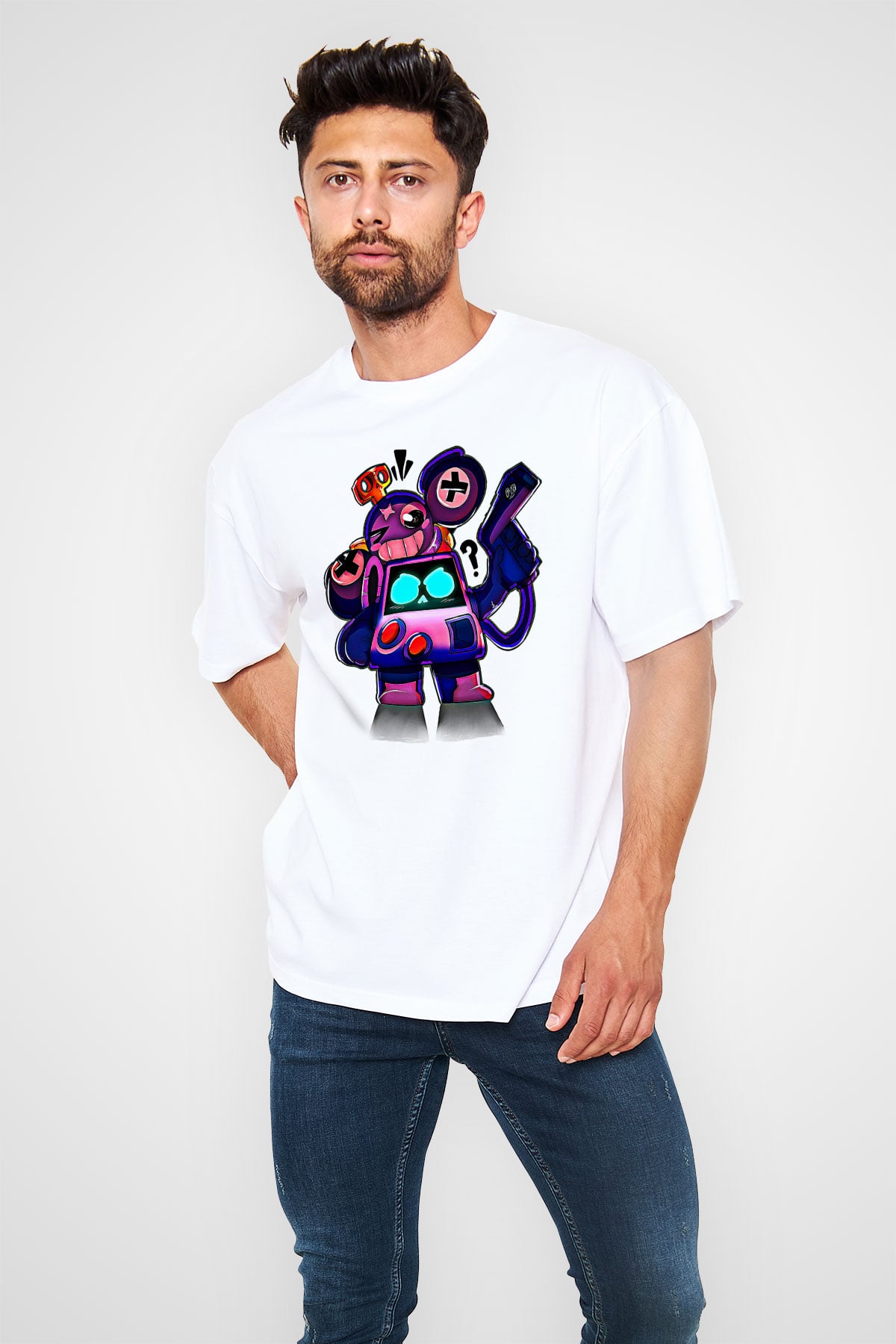 Brawl Stars Baskılı Beyaz Unisex Oversize Tişört - Tshirt