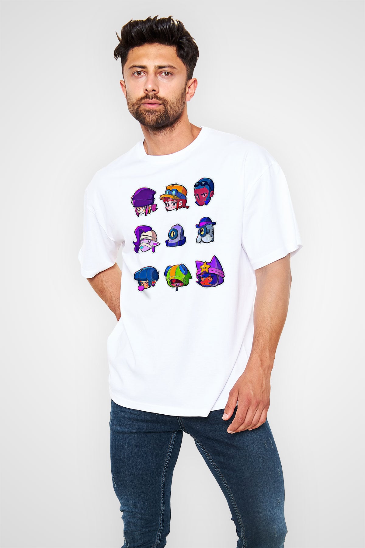 Brawl Stars Baskılı Beyaz Unisex Oversize Tişört - Tshirt