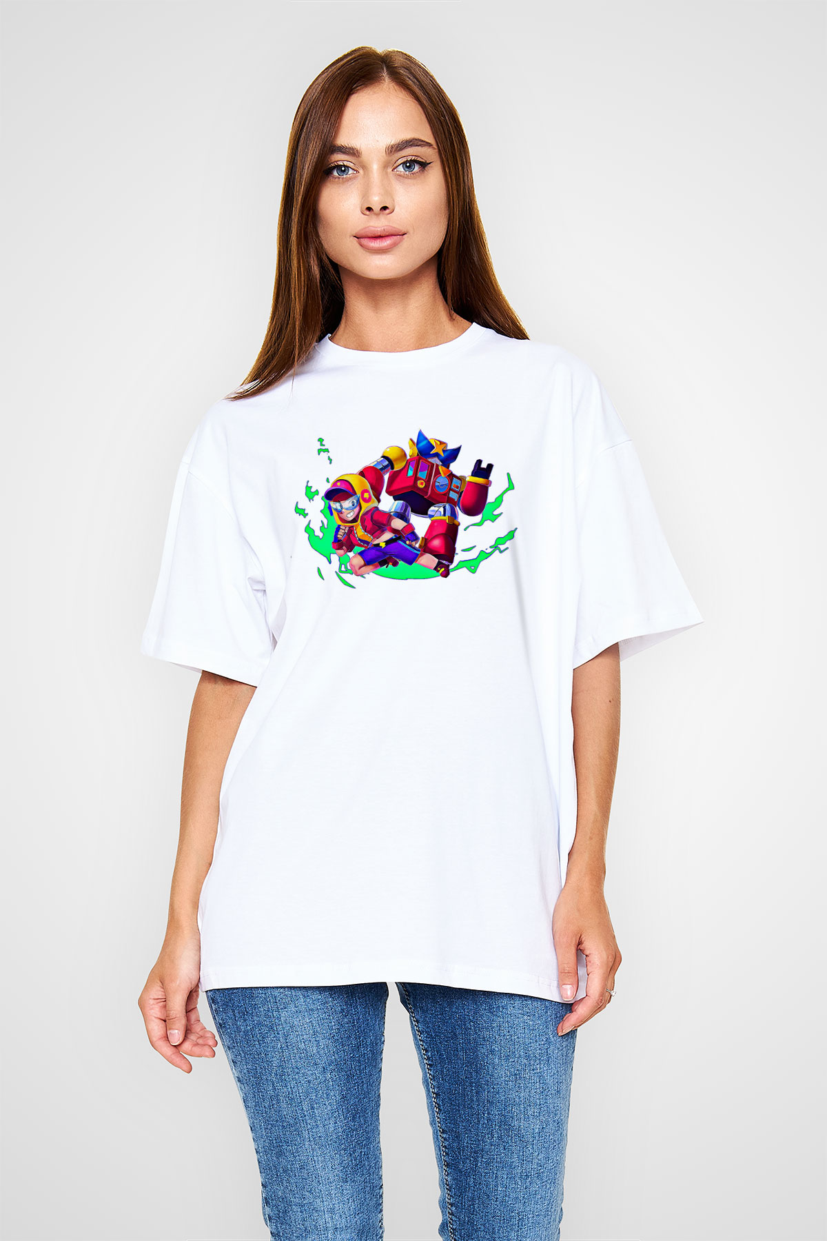 Brawl Stars Baskılı Beyaz Unisex Oversize Tişört - Tshirt