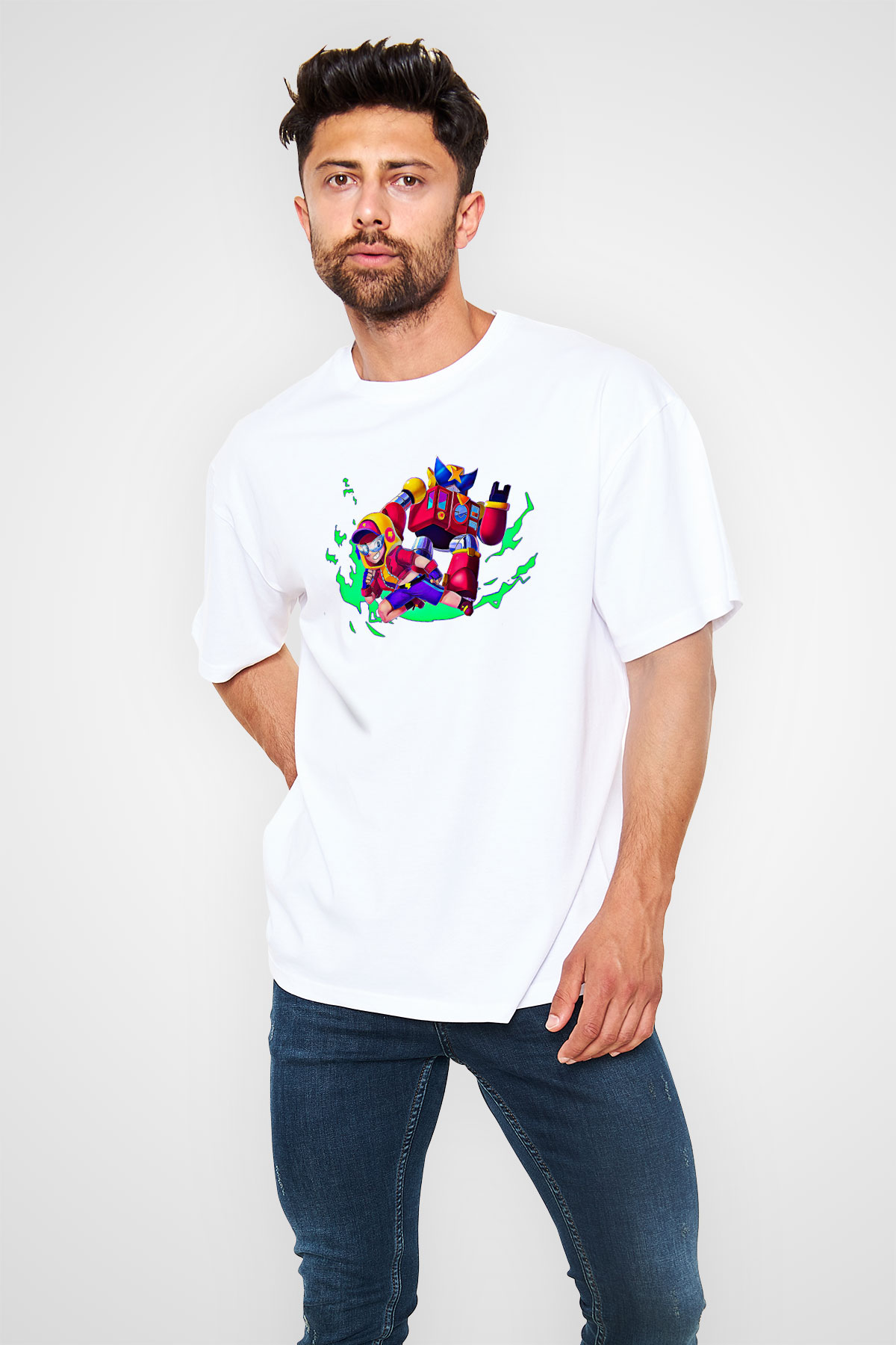 Brawl Stars Baskılı Beyaz Unisex Oversize Tişört - Tshirt