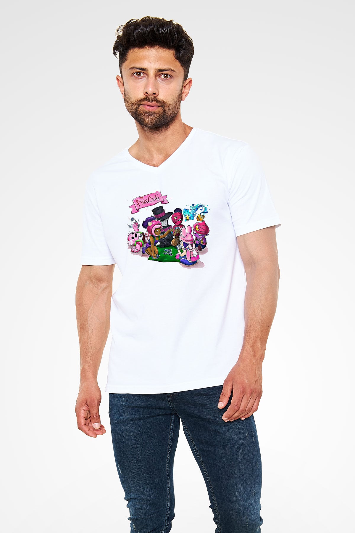Brawl Stars Baskılı Beyaz Unisex V Yaka Tişört - Tshirt