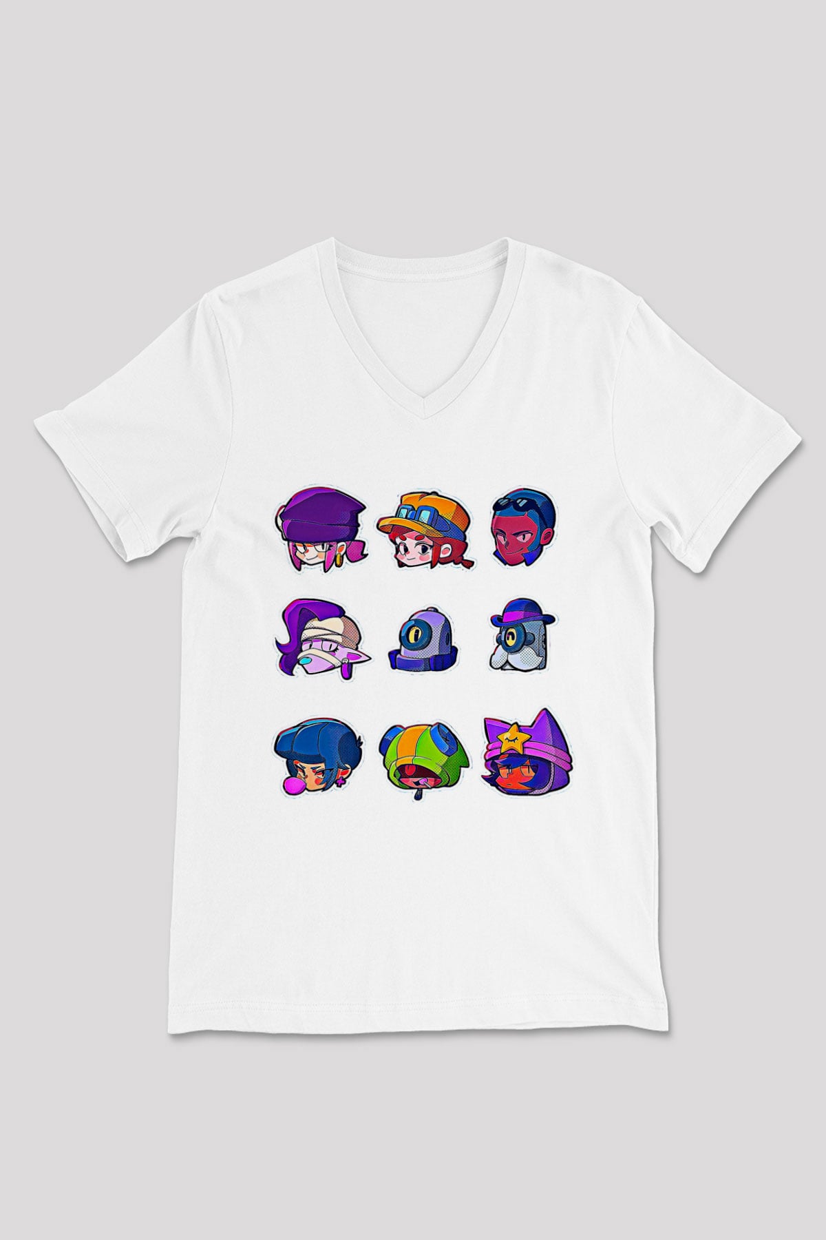 Brawl Stars Baskılı Beyaz Unisex V Yaka Tişört - Tshirt
