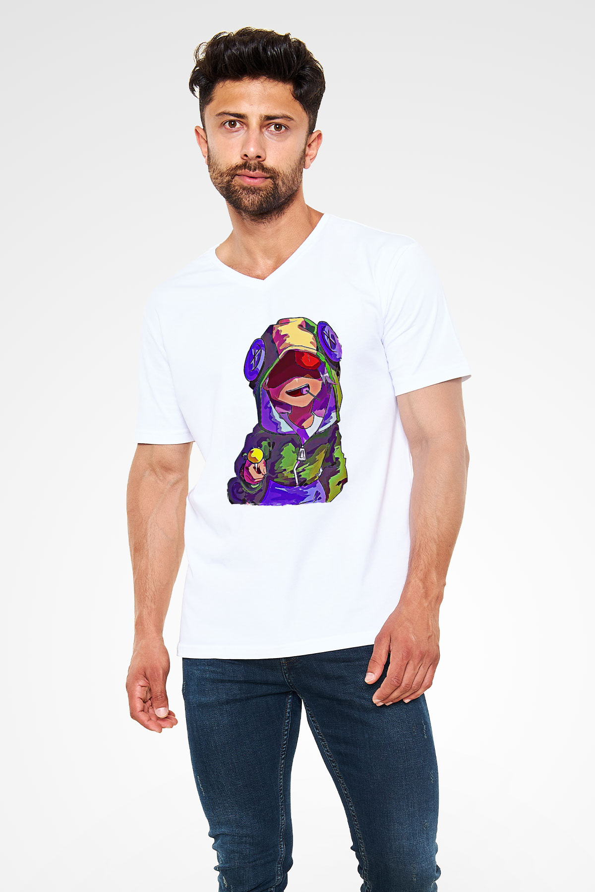 Brawl Stars Baskılı Beyaz Unisex V Yaka Tişört - Tshirt