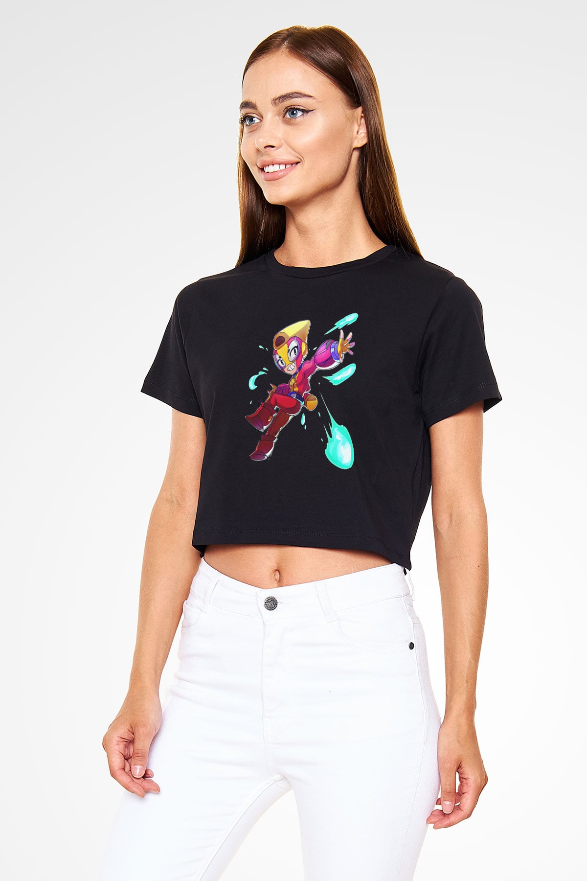 Brawl Stars Baskılı Siyah Crop Top Kadın Tişört - Tshirt