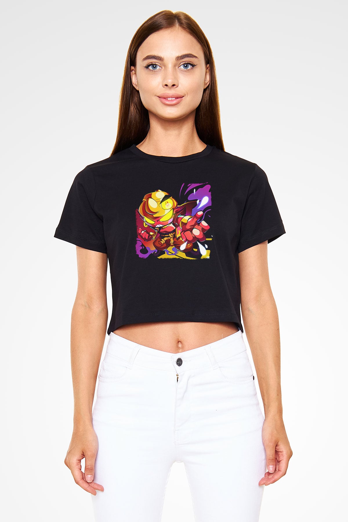 Brawl Stars Baskılı Siyah Crop Top Kadın Tişört - Tshirt