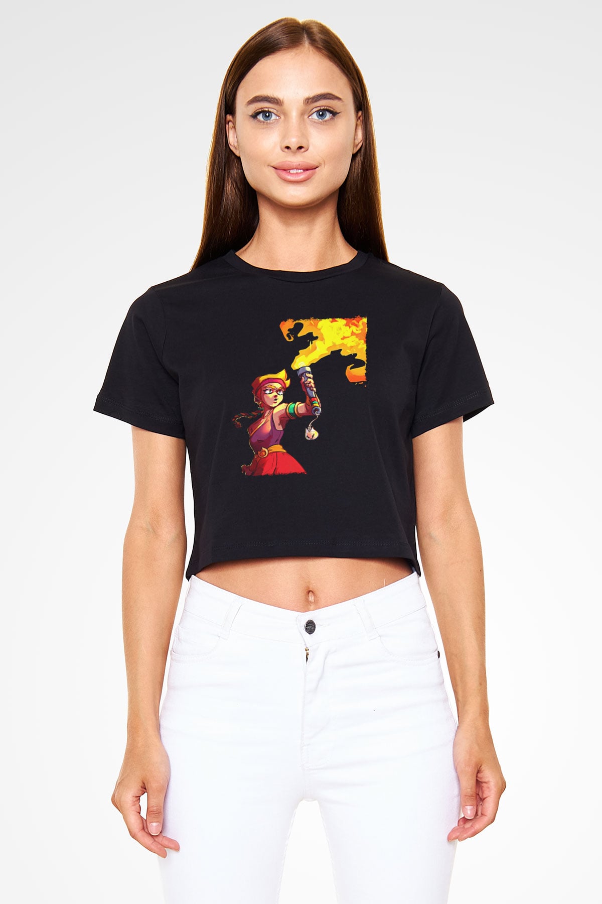 Brawl Stars Baskılı Siyah Crop Top Kadın Tişört - Tshirt