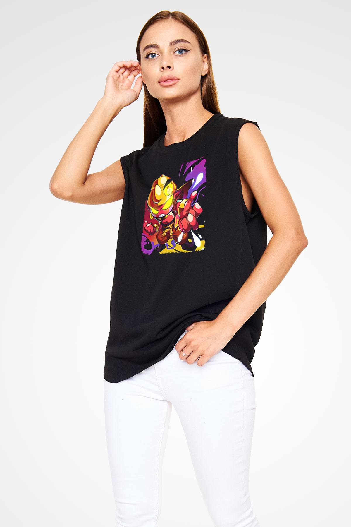 Brawl Stars Baskılı Unisex Siyah Kolsuz Tişört - Tshirt