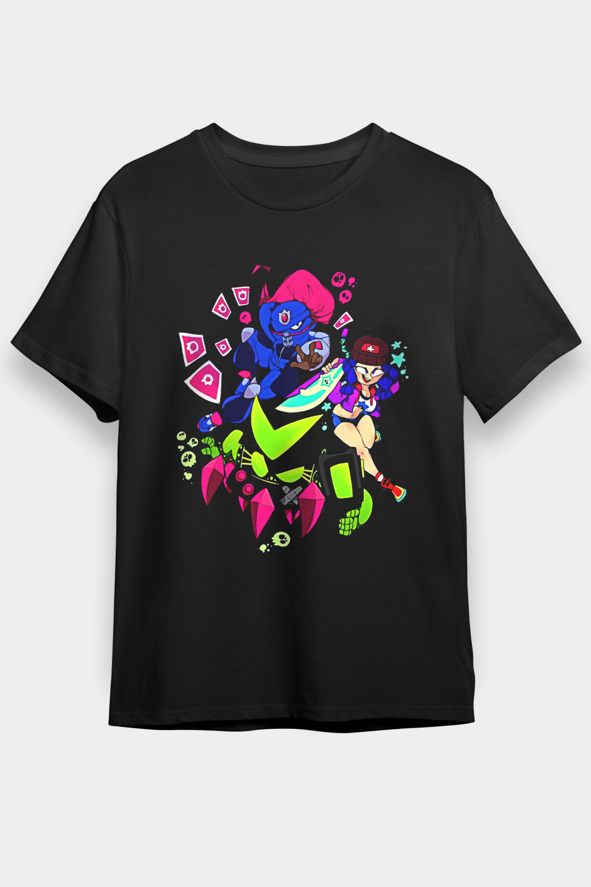 Brawl Stars Baskılı Unisex Siyah Tişört - Tshirt