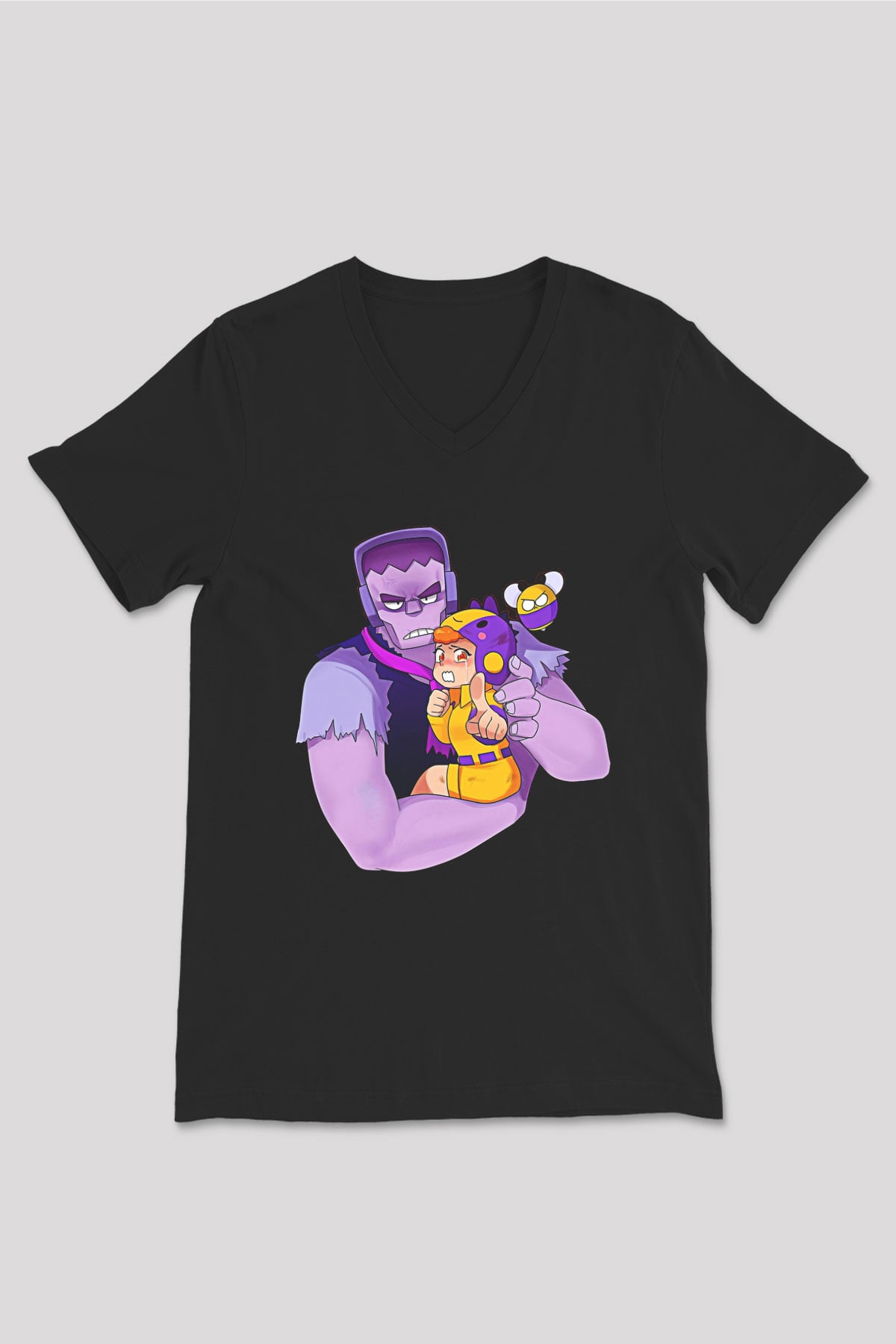 Brawl Stars Baskılı Unisex Siyah V Yaka Tişört - Tshirt