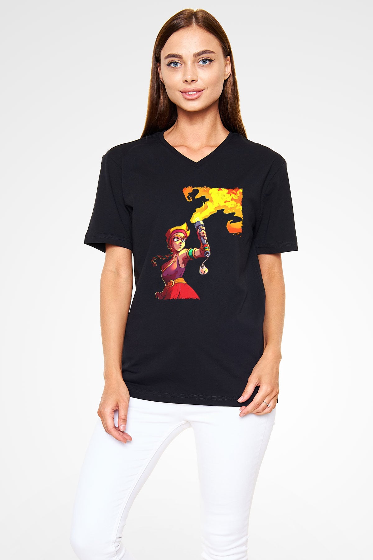 Brawl Stars Baskılı Unisex Siyah V Yaka Tişört - Tshirt