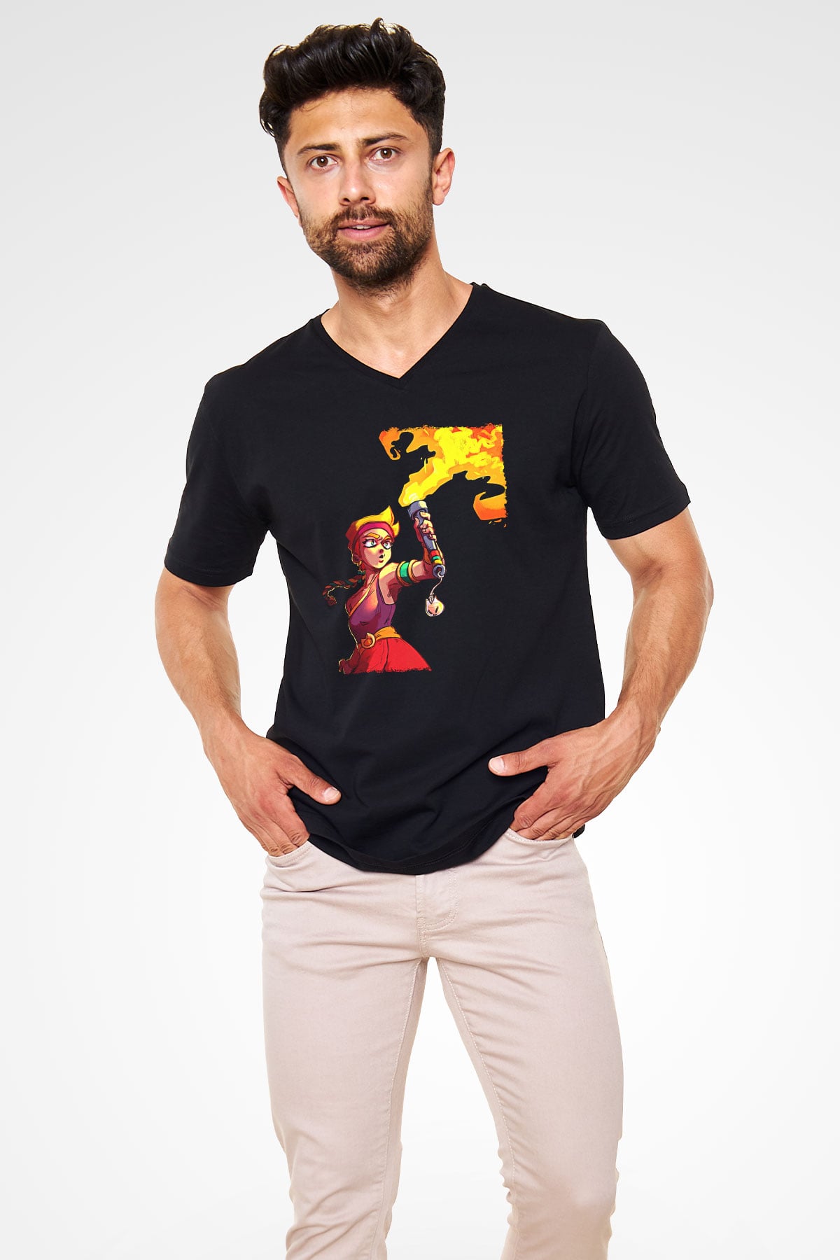 Brawl Stars Baskılı Unisex Siyah V Yaka Tişört - Tshirt