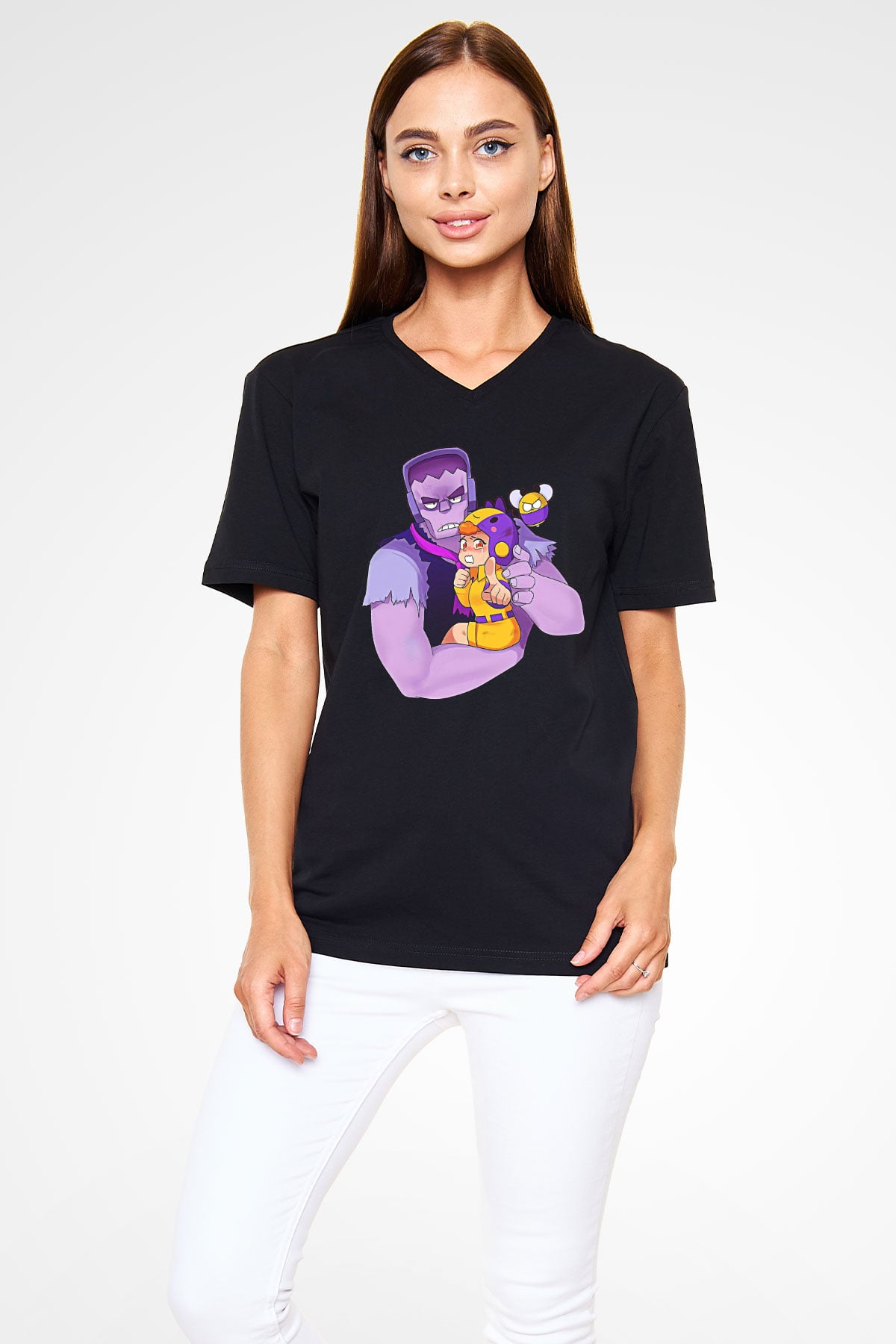 Brawl Stars Baskılı Unisex Siyah V Yaka Tişört - Tshirt