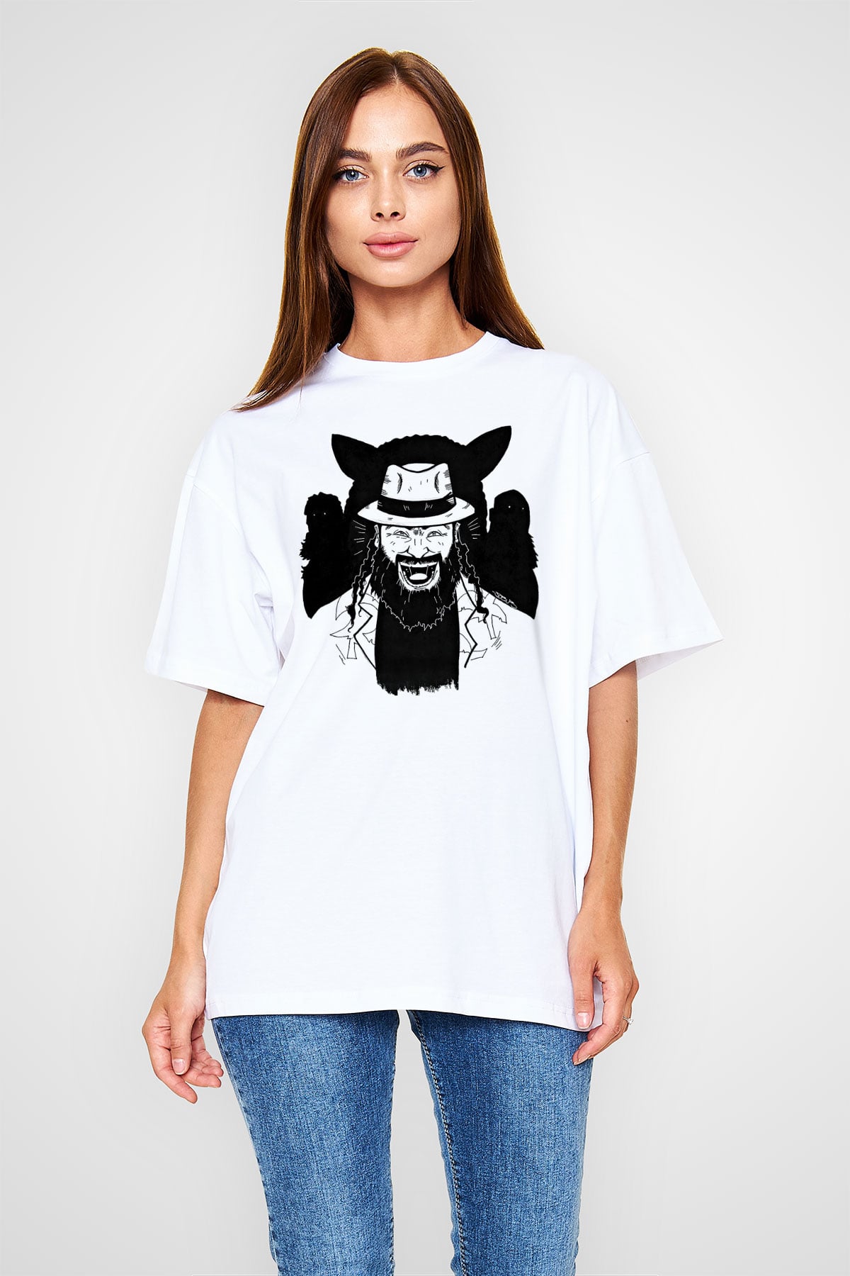 Bray Wyatt Baskılı Beyaz Unisex Oversize Tişört - Tshirt