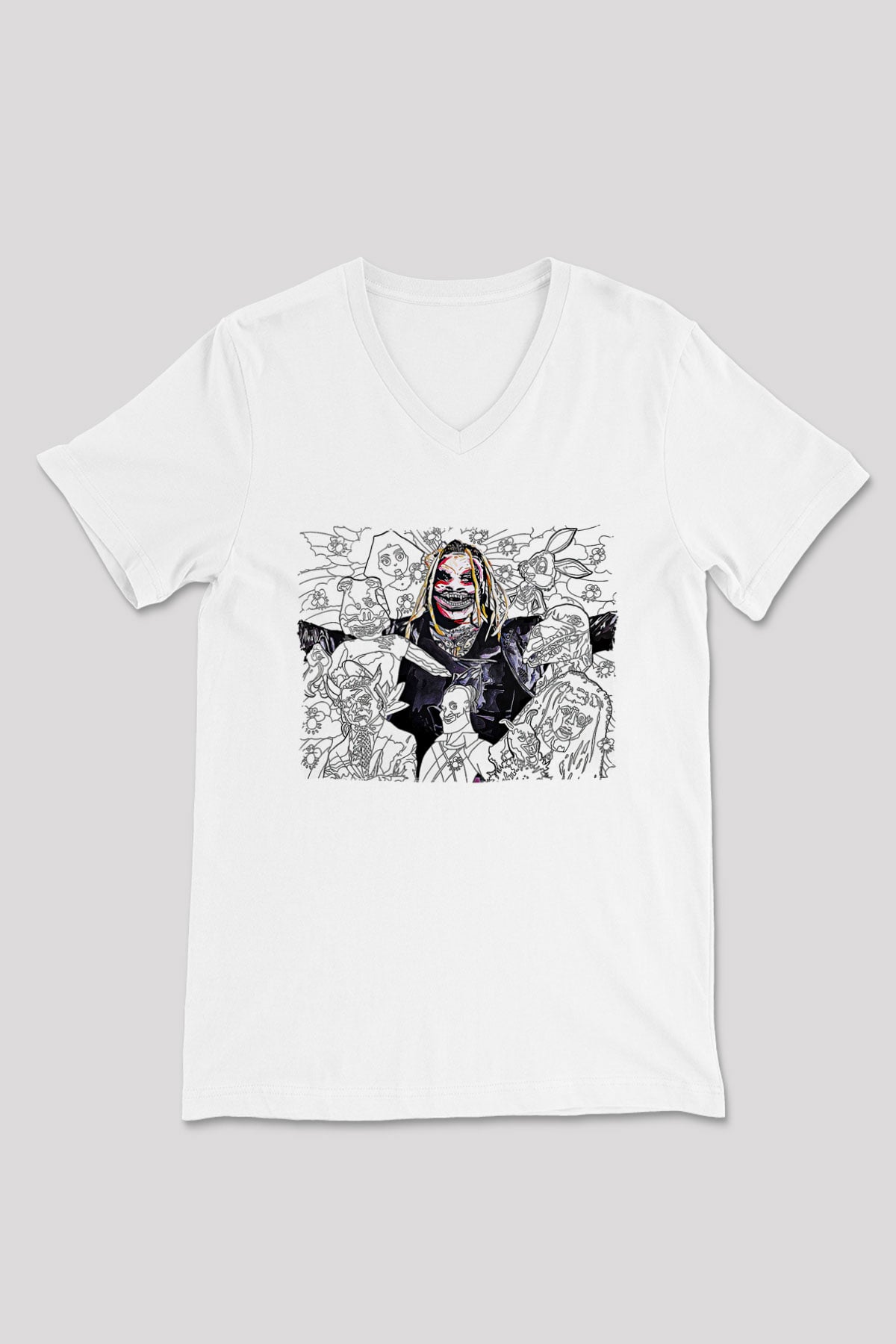 Bray Wyatt Baskılı Beyaz Unisex V Yaka Tişört - Tshirt