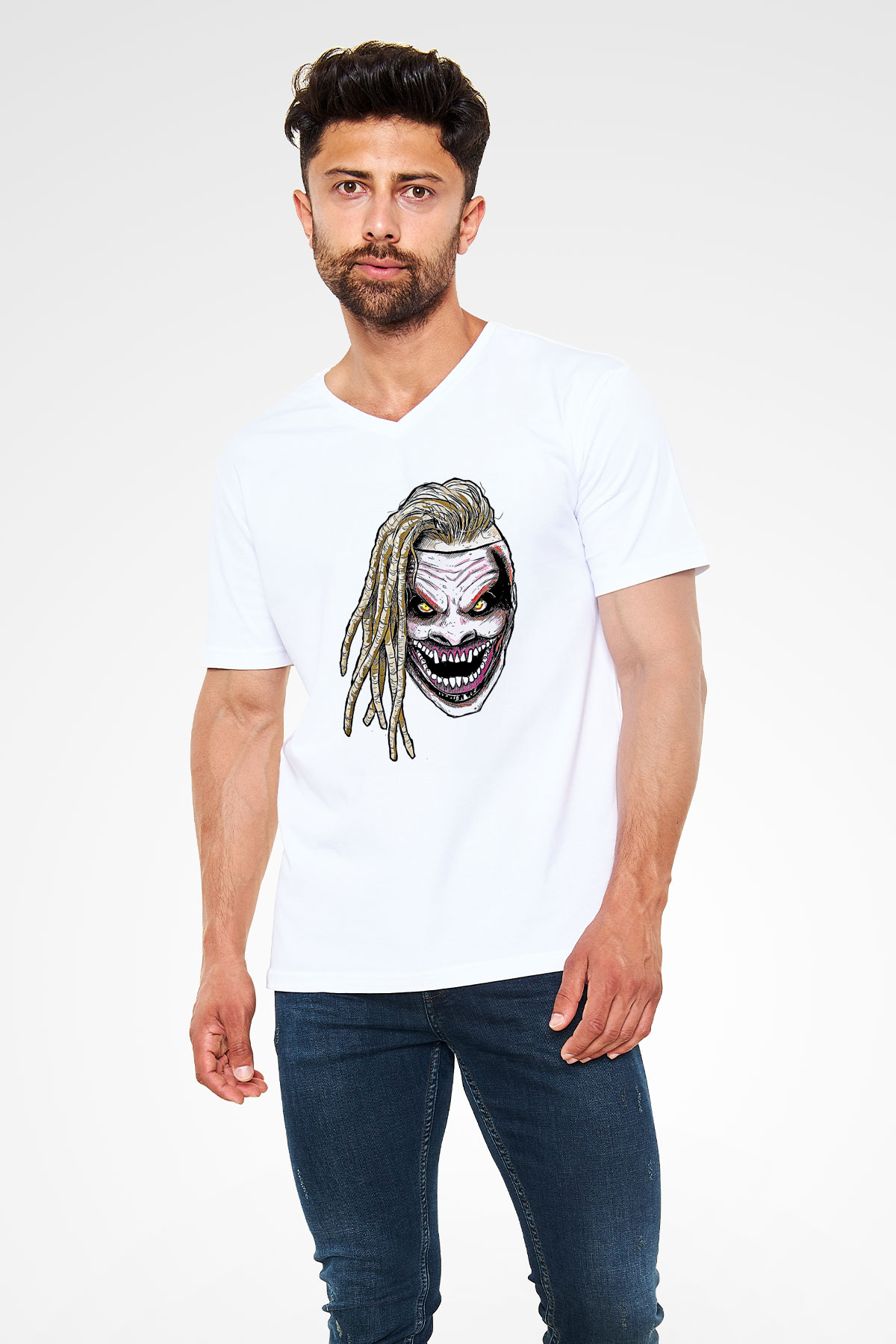 Bray Wyatt Baskılı Beyaz Unisex V Yaka Tişört - Tshirt