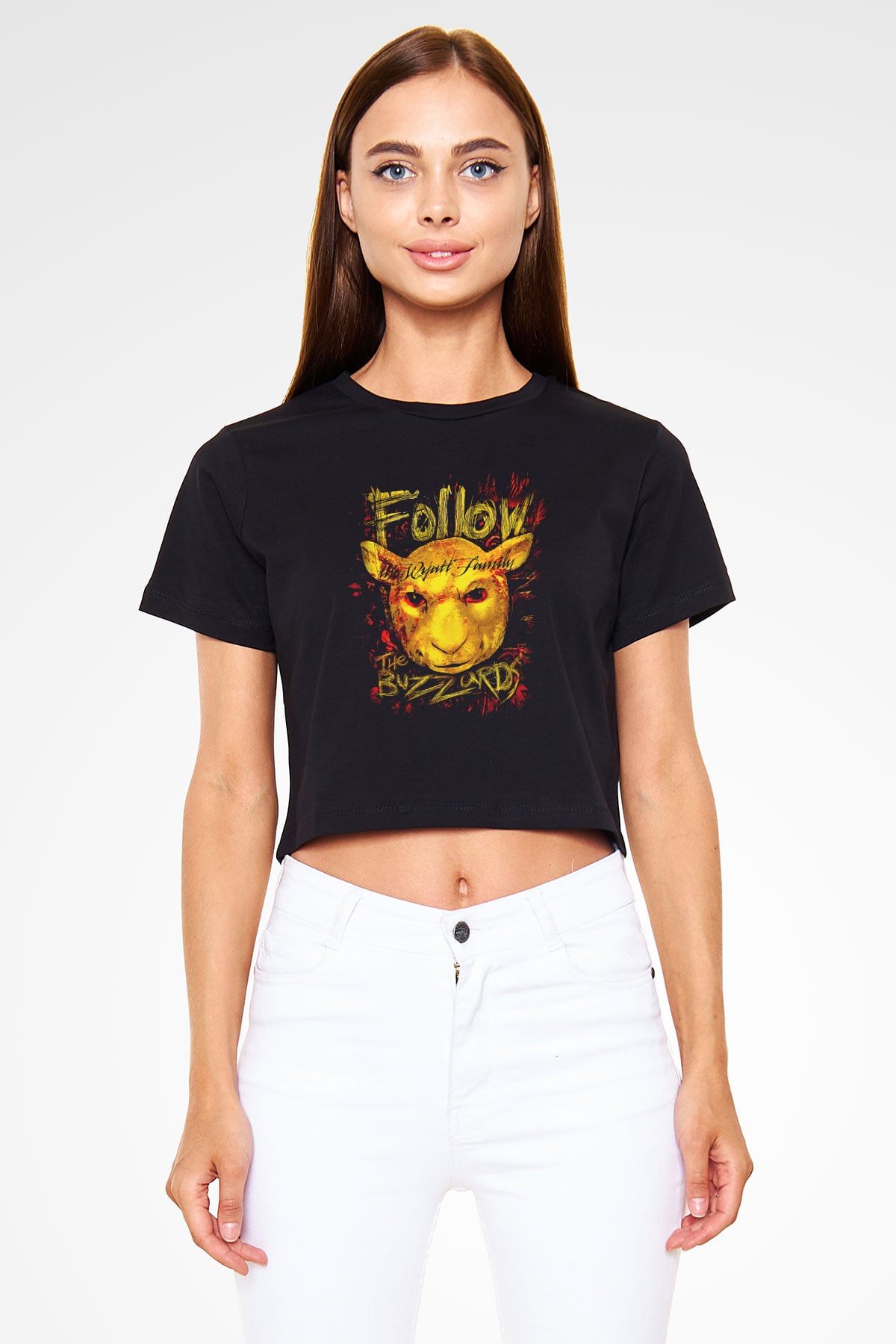 Bray Wyatt Baskılı Siyah Crop Top Kadın Tişört - Tshirt