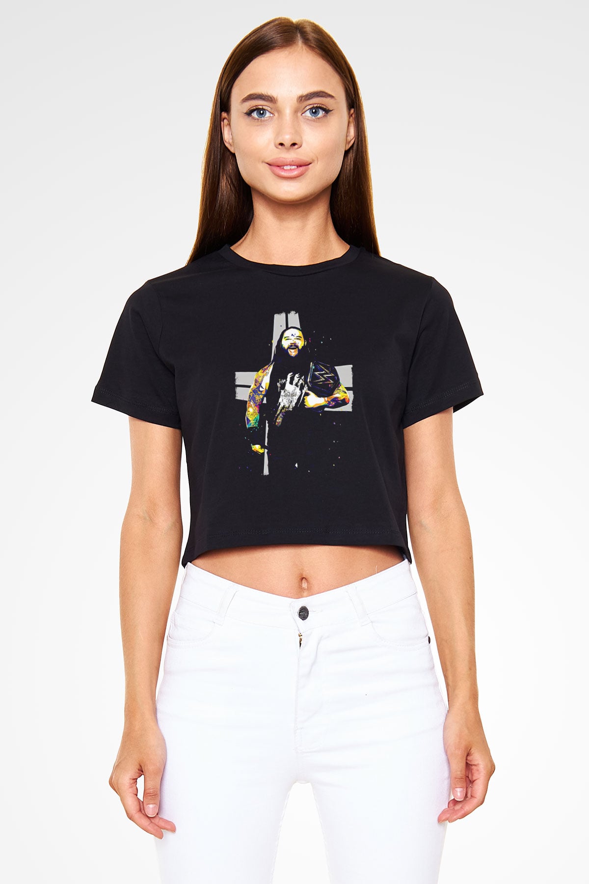 Bray Wyatt Baskılı Siyah Crop Top Kadın Tişört - Tshirt