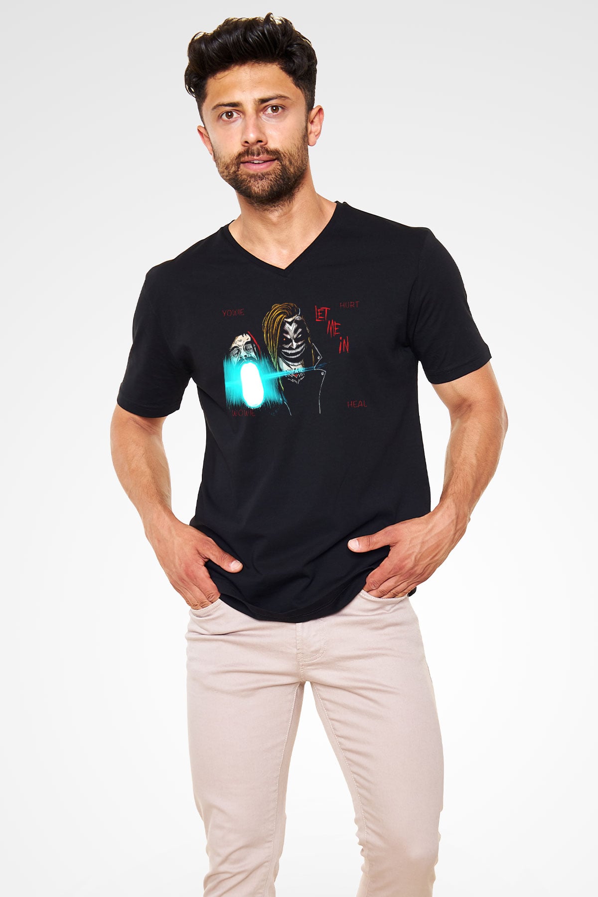 Bray Wyatt Baskılı Unisex Siyah V Yaka Tişört - Tshirt