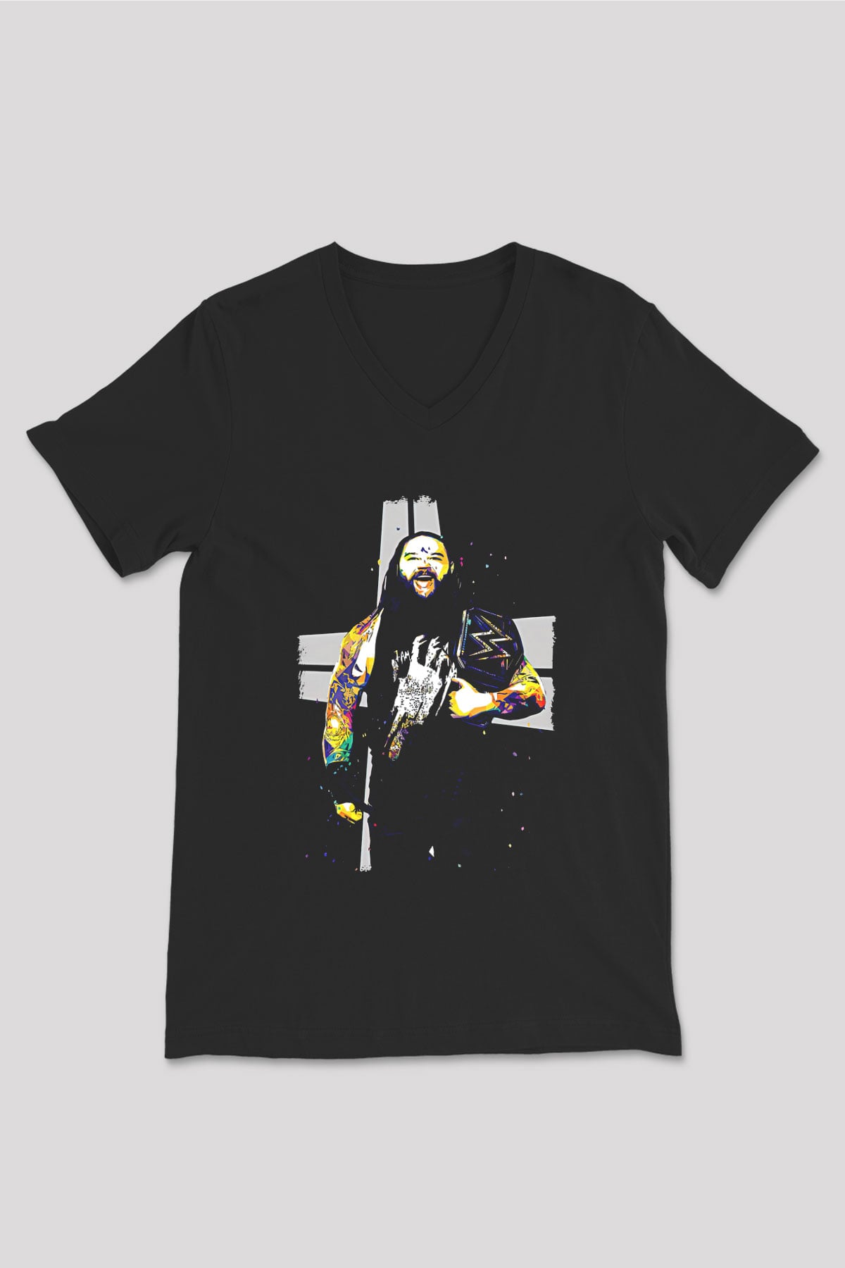 Bray Wyatt Baskılı Unisex Siyah V Yaka Tişört - Tshirt