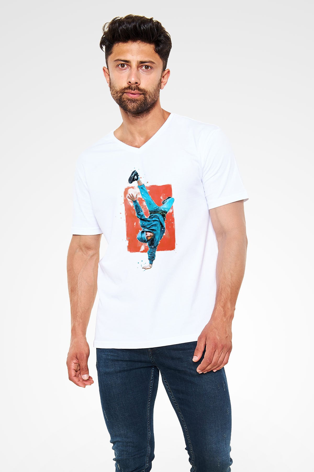 Breakdans Beyaz Unisex V Yaka Tişört