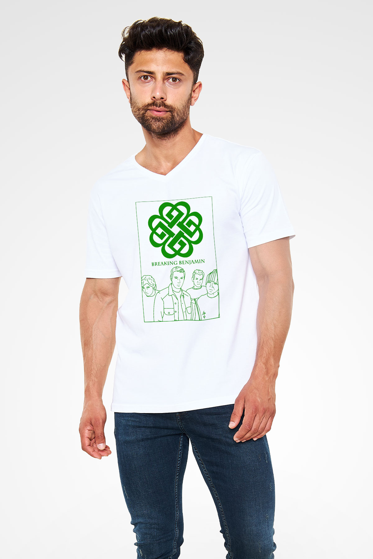 Breaking Benjamin Beyaz Unisex V Yaka Tişört T-Shirt