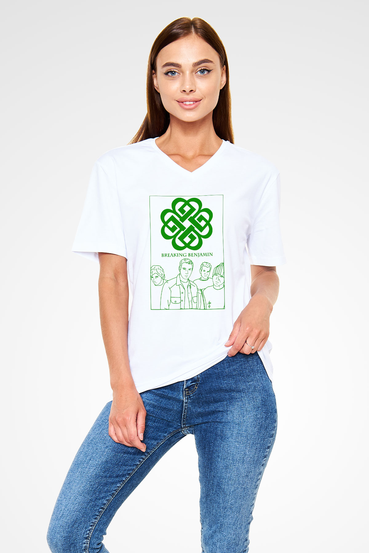 Breaking Benjamin Beyaz Unisex V Yaka Tişört T-Shirt