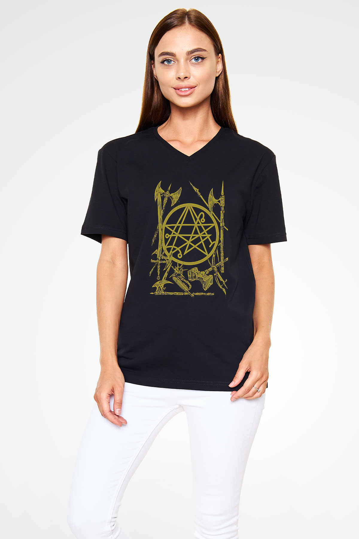 Brenda Marin Wartime Baskılı Unisex Siyah V Yaka Tişört - Tshirt