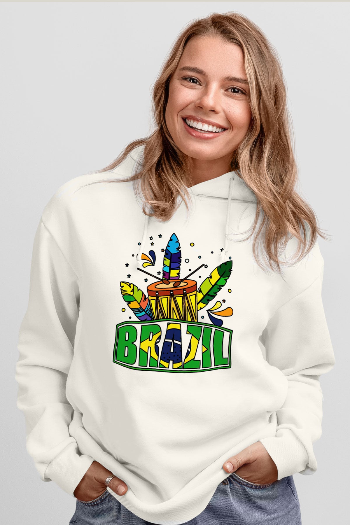 Brezilya Beyaz Unisex Kapşonlu Sweatshirt