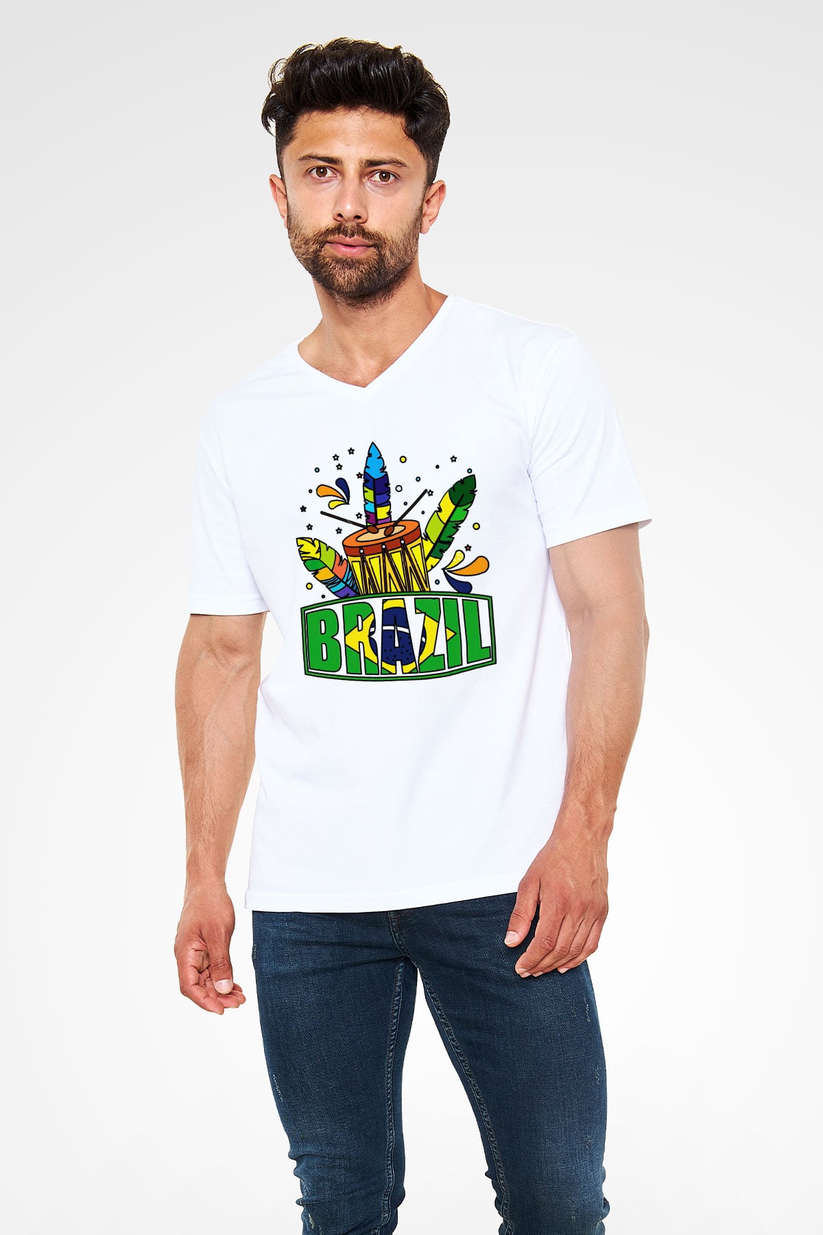 Brezilya Beyaz Unisex V Yaka Tişört T-Shirt