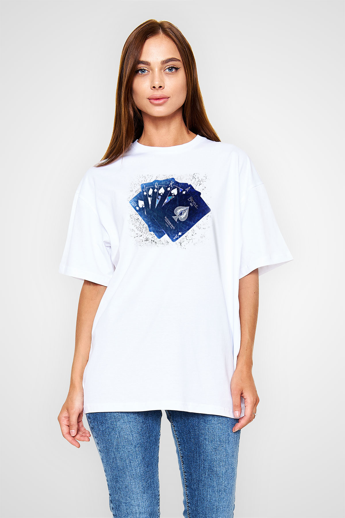 Briç Baskılı Unisex Beyaz Oversize Tişört - Tshirt