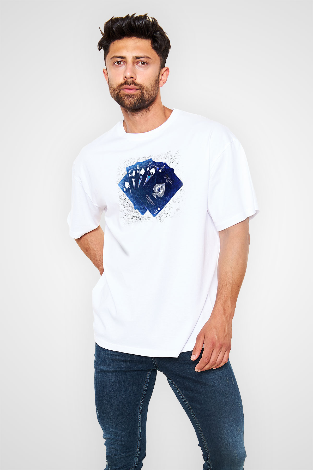 Briç Baskılı Unisex Beyaz Oversize Tişört - Tshirt
