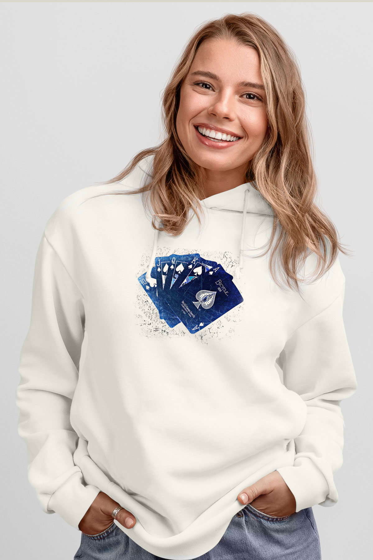 Briç Baskılı Unisex Ekru Hoodie