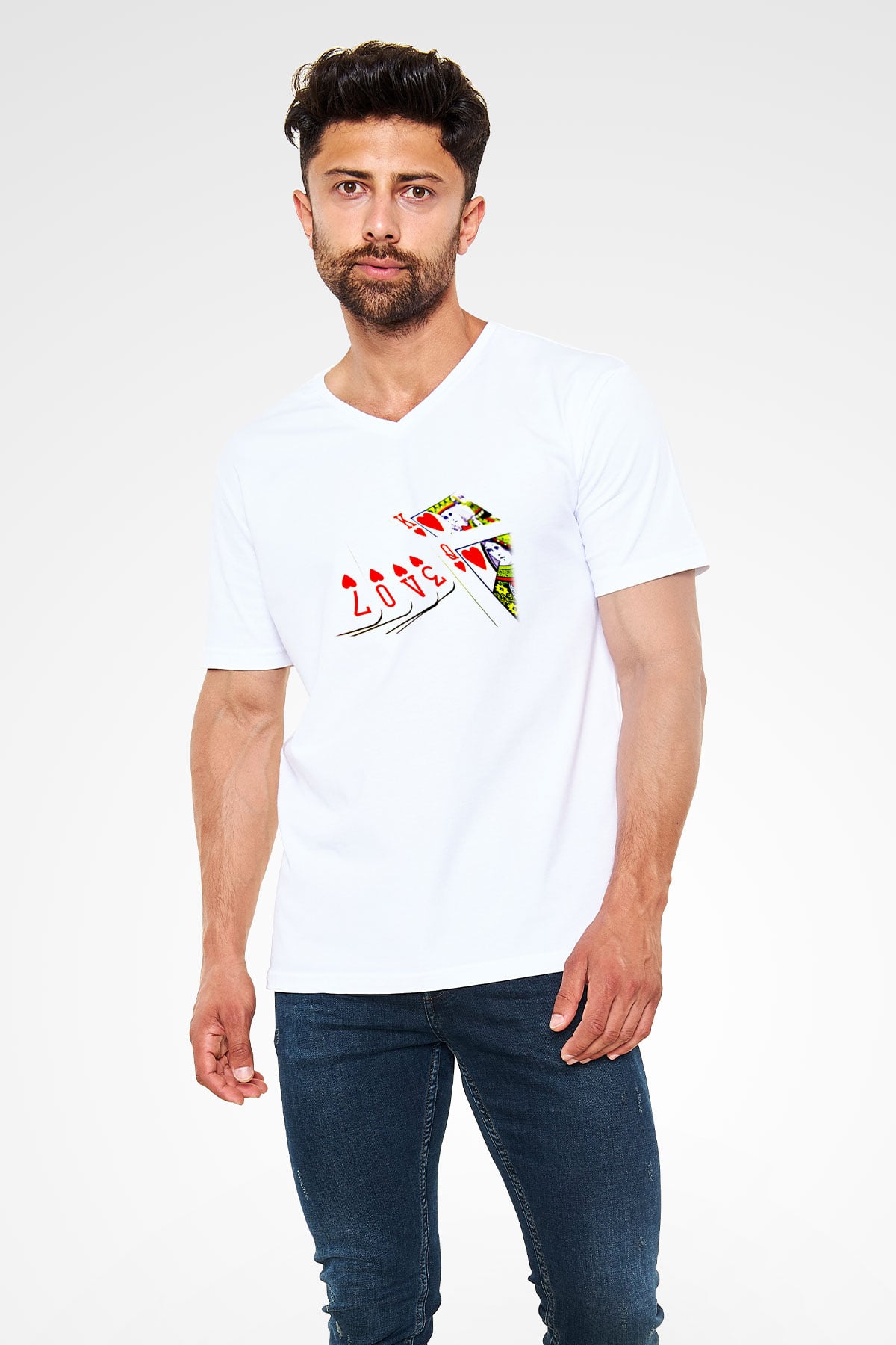 Briç Baskılı Unisex V Yaka Tişört - Tshirt