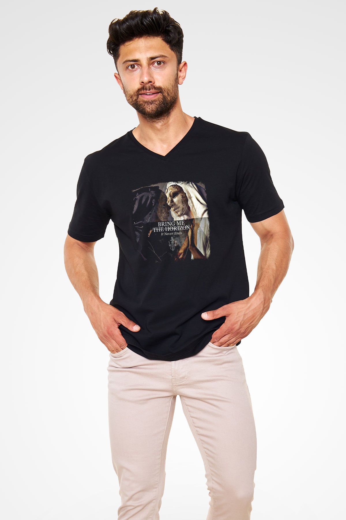 Bring Me the Horizon Baskılı Unisex Siyah V Yaka Tişört