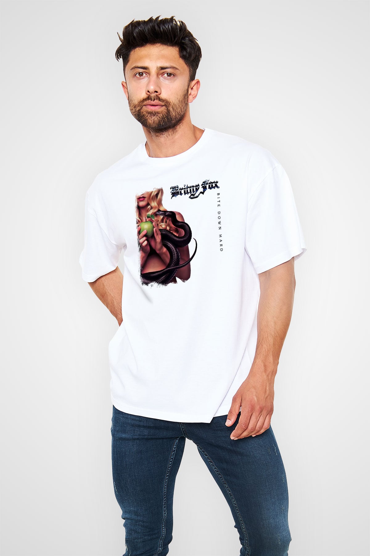 Britny Fox Baskılı Unisex Beyaz Oversize Tişört