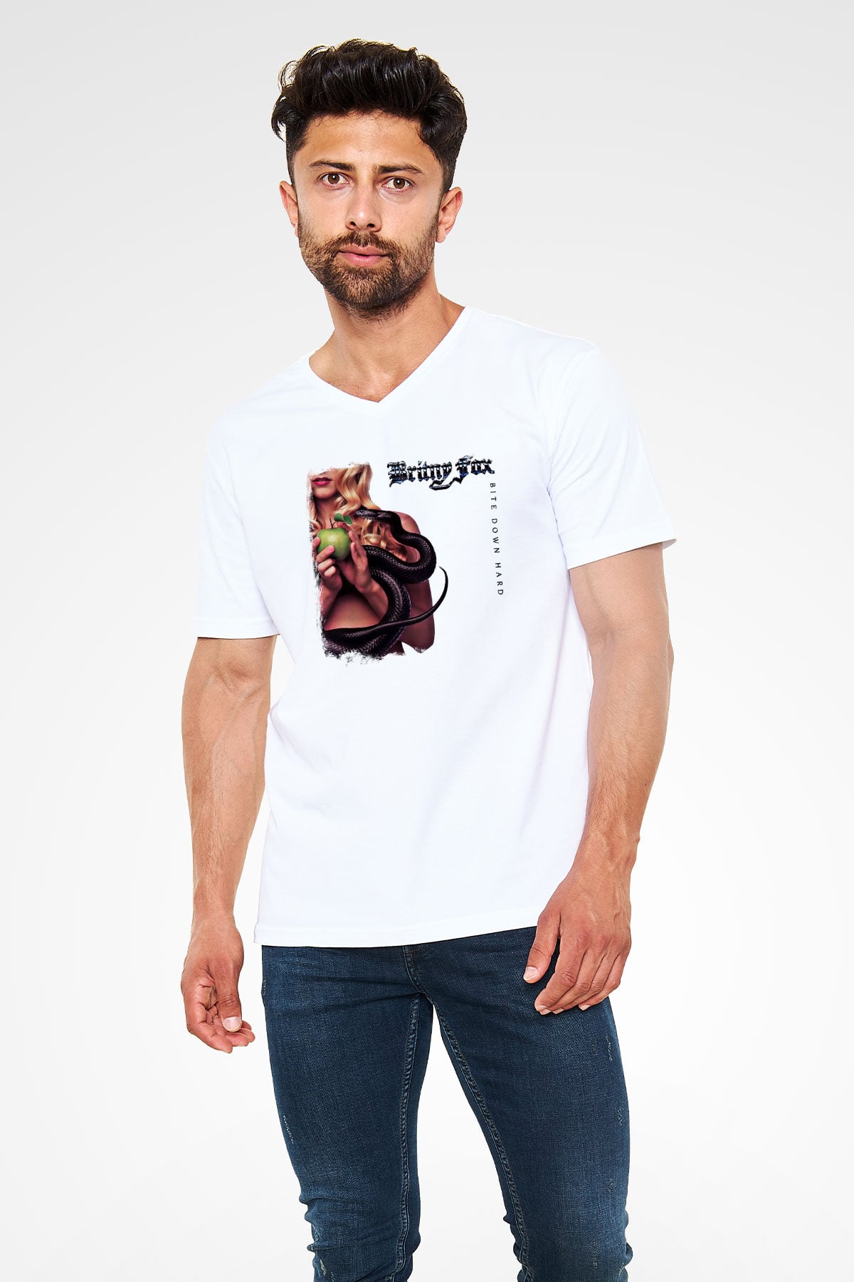 Britny Fox Baskılı Unisex Beyaz V Yaka Tişört