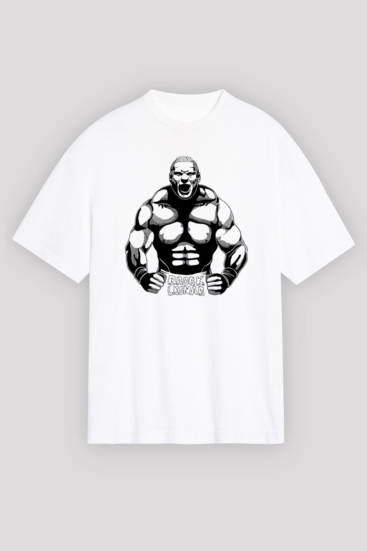 Brock Lesnar Baskılı Beyaz Unisex Oversize Tişört - Tshirt