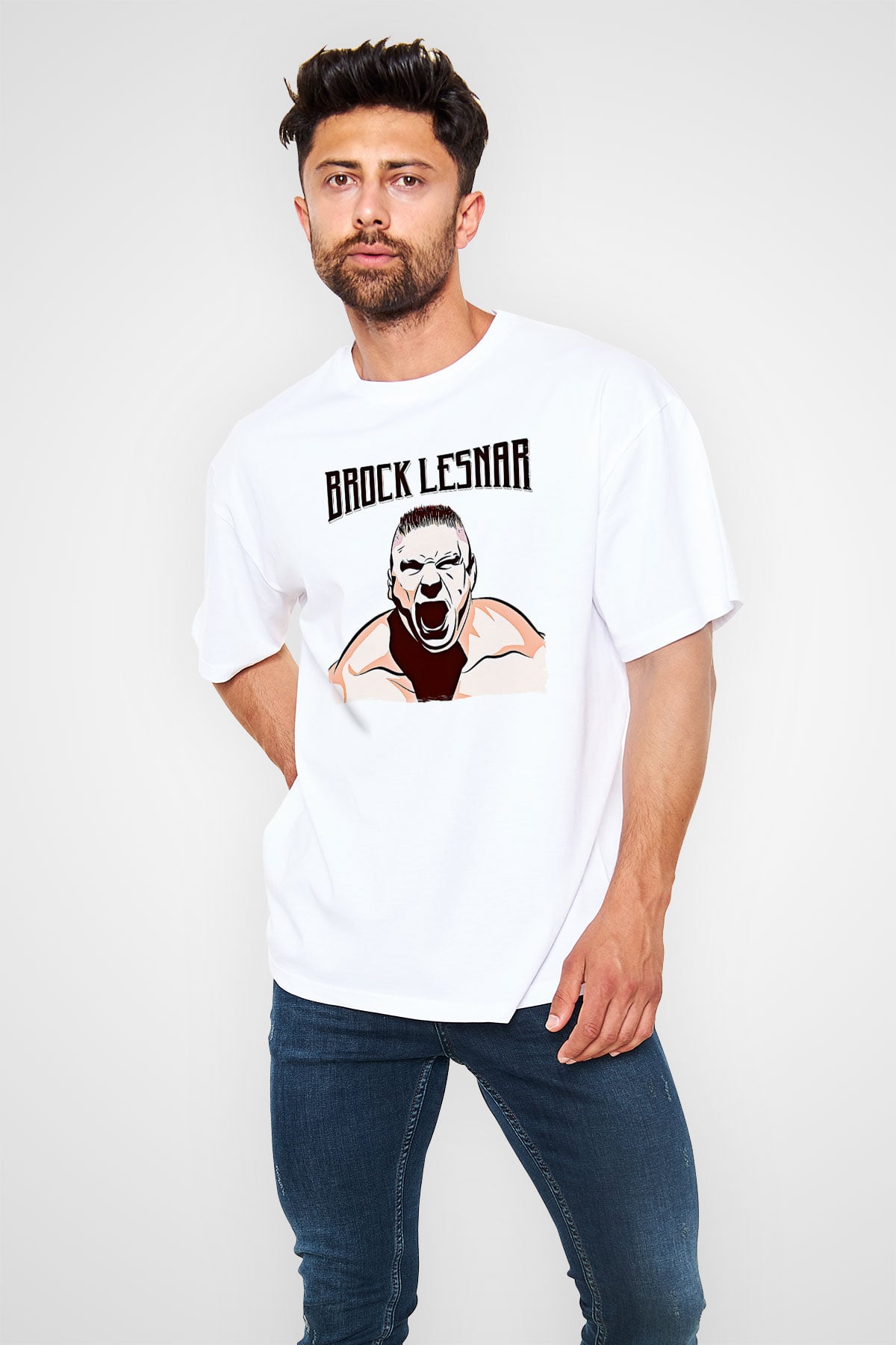 Brock Lesnar Baskılı Beyaz Unisex Oversize Tişört - Tshirt