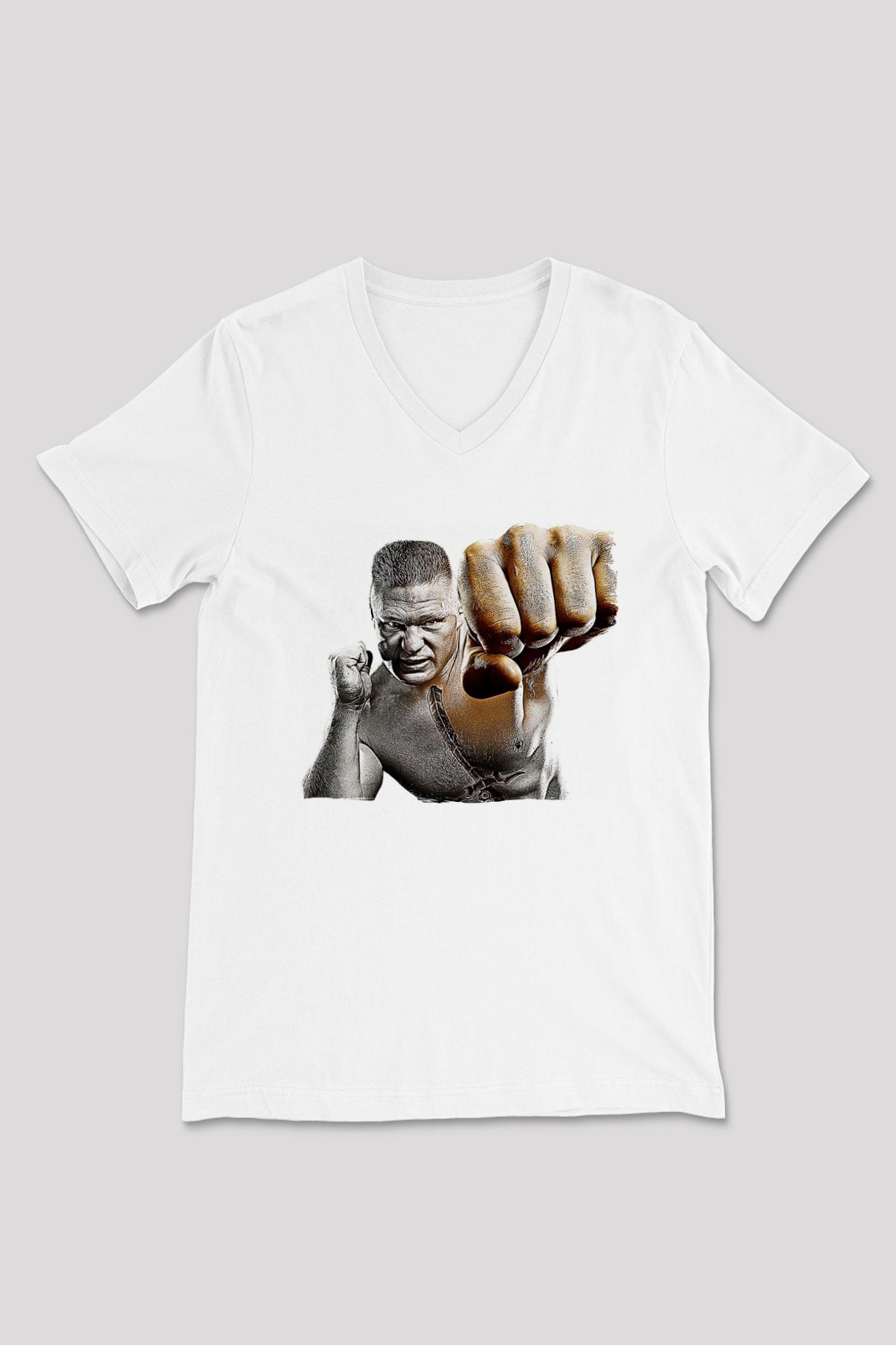 Brock Lesnar Baskılı Beyaz Unisex V Yaka Tişört - Tshirt