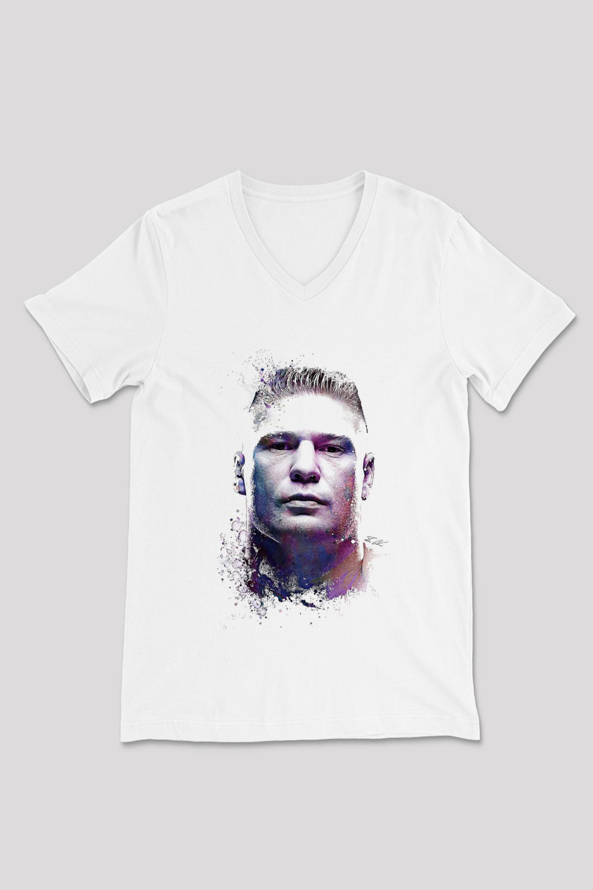 Brock Lesnar Baskılı Beyaz Unisex V Yaka Tişört - Tshirt