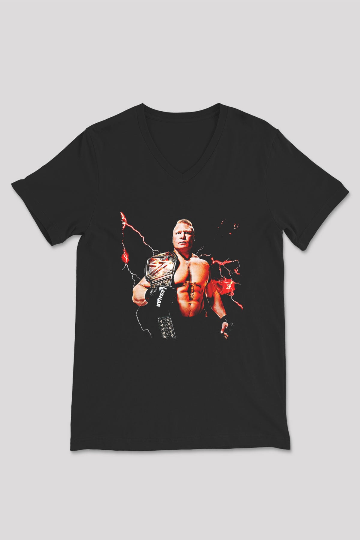 Brock Lesnar Baskılı Unisex Siyah V Yaka Tişört - Tshirt