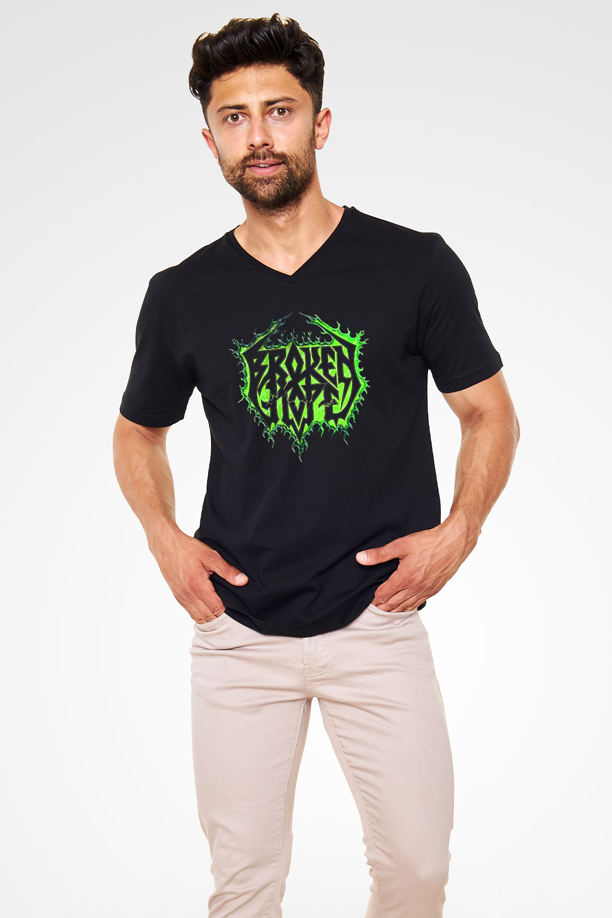 Broken Hope Baskılı Unisex Siyah V Yaka Tişört - Tshirt