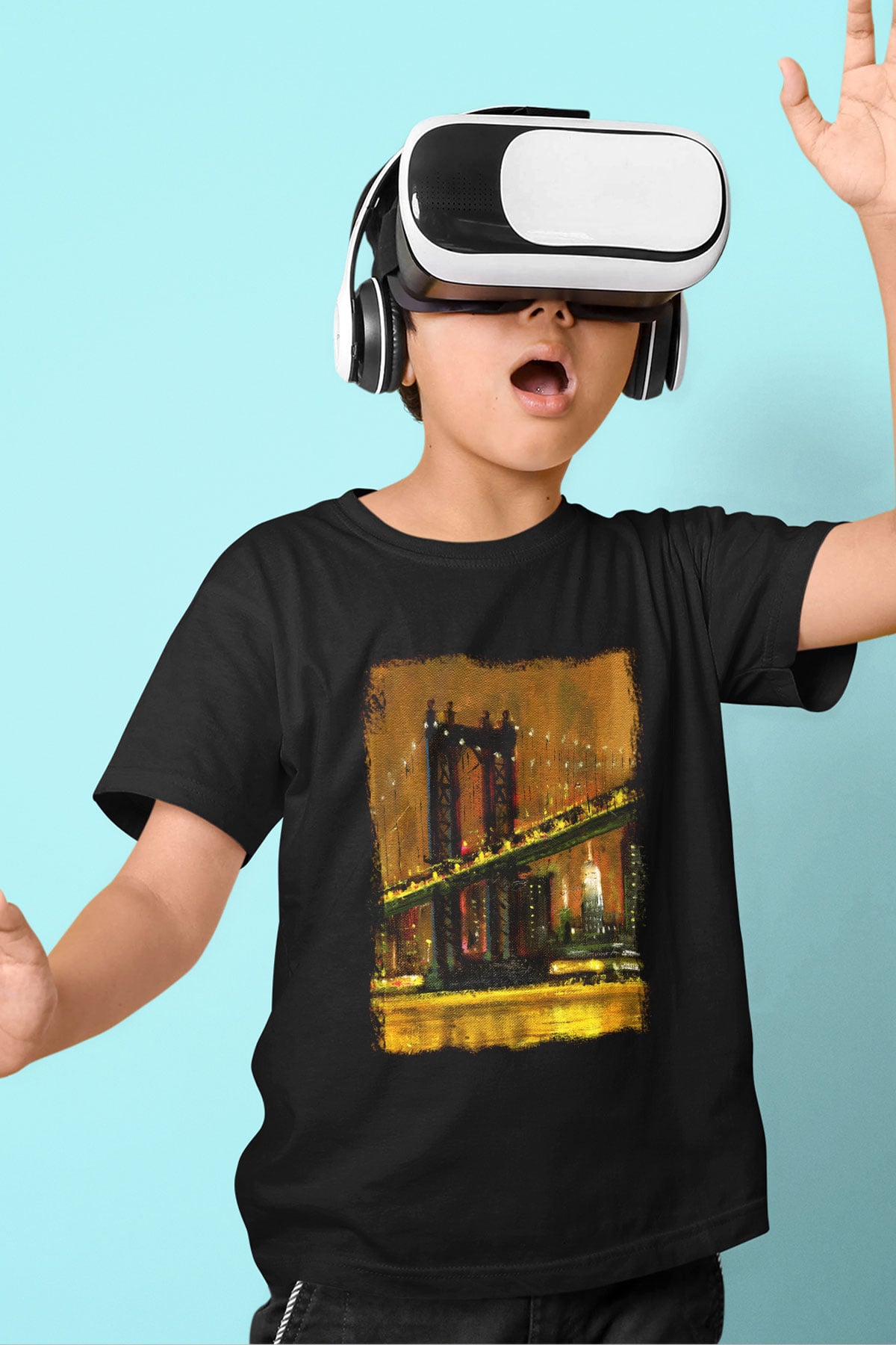 Brooklyn Köprüsü Baskılı Siyah Unisex Çocuk Tişört
