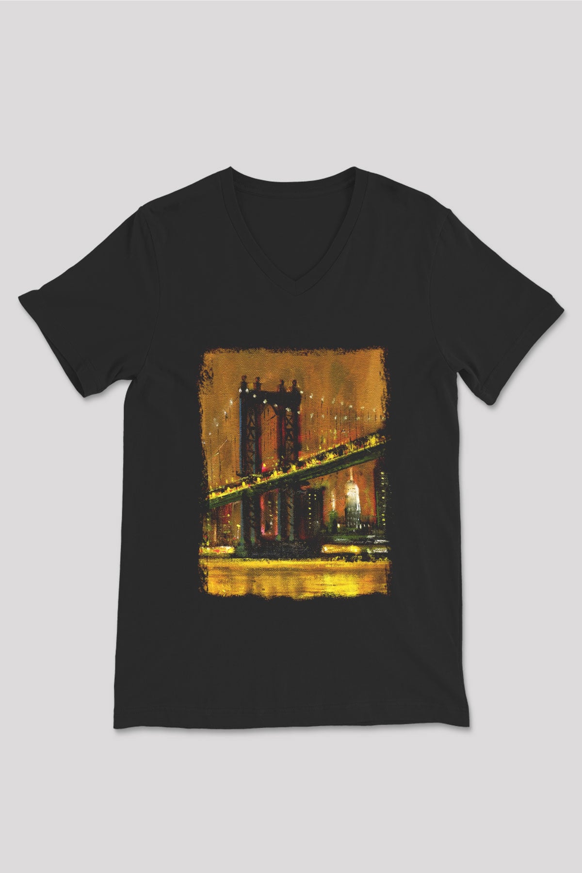 Brooklyn Köprüsü Siyah Unisex V Yaka Tişört T-Shirt