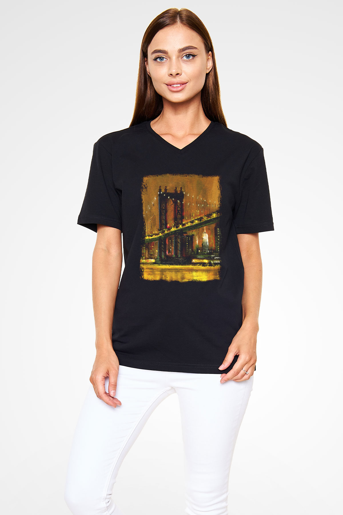 Brooklyn Köprüsü Siyah Unisex V Yaka Tişört T-Shirt