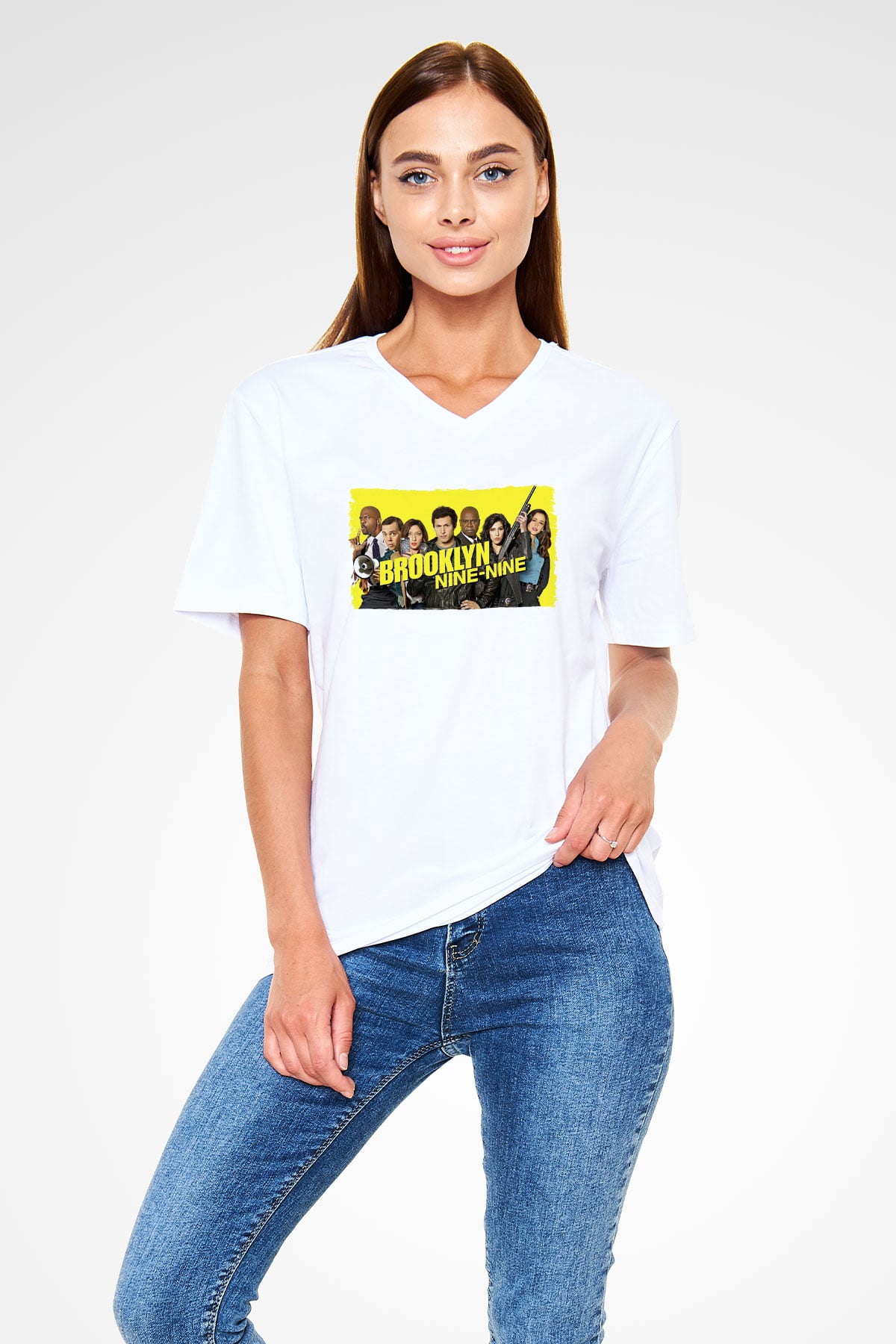 Brooklyn Nine-Nine Beyaz Unisex V Yaka Tişört